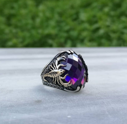 Gental Gems by Karat Kings | Unique Turkish Style Scorpion Ring with Faceted Purple Amethyst |  Sterling Silver Oxidized Zodiac Ring | Men's Jewelry | With Certificate of Authenticity and  Hallmark
