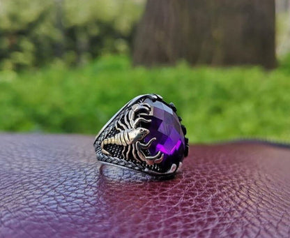 Gental Gems by Karat Kings | Unique Turkish Style Scorpion Ring with Faceted Purple Amethyst |  Sterling Silver Oxidized Zodiac Ring | Men's Jewelry | With Certificate of Authenticity and  Hallmark