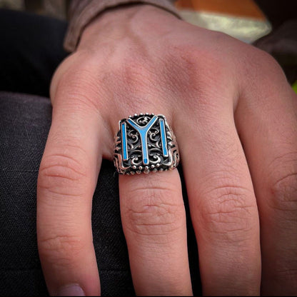 Gental Gems by Karat Kings | Unique Designed Kayi Ring with Blue Enamel |  Sterling Silver Oxidized Ring