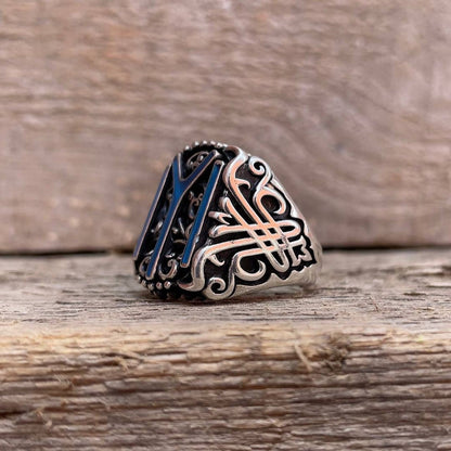 Gental Gems by Karat Kings | Unique Designed Kayi Ring with Blue Enamel |  Sterling Silver Oxidized Ring