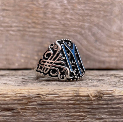 Gental Gems by Karat Kings | Unique Designed Kayi Ring with Blue Enamel |  Sterling Silver Oxidized Ring