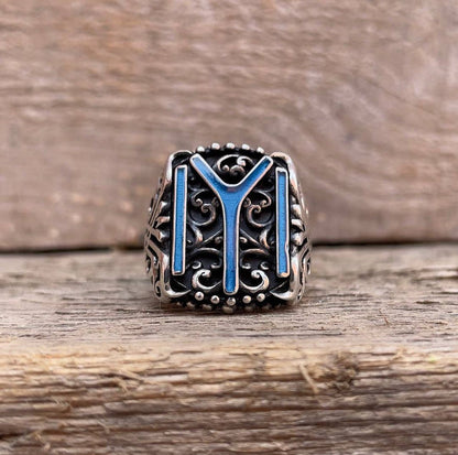 Gental Gems by Karat Kings | Unique Designed Kayi Ring with Blue Enamel |  Sterling Silver Oxidized Ring