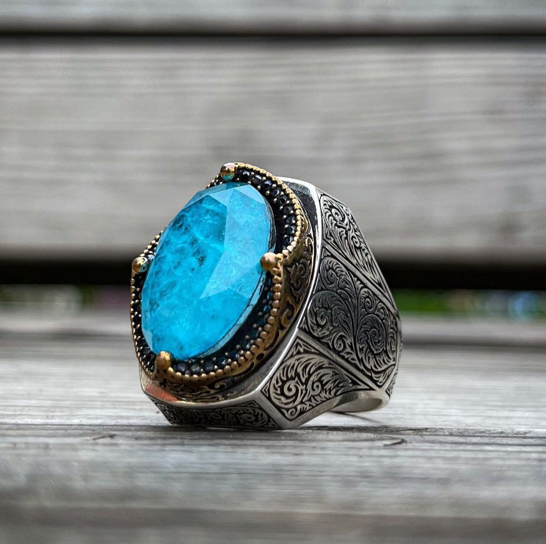 Gental Gems by Karat Kings | Unique Designed Turkish Style Heavy Ring with Natural Blue Topaz |  Sterling Silver Oxidized Ring