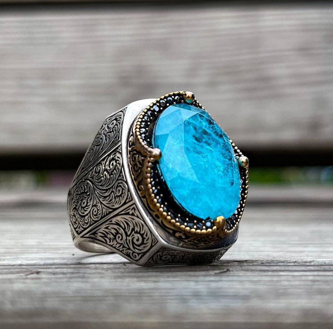 Gental Gems by Karat Kings | Unique Designed Turkish Style Heavy Ring with Natural Blue Topaz |  Sterling Silver Oxidized Ring