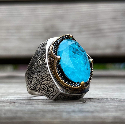 Gental Gems by Karat Kings | Unique Designed Turkish Style Heavy Ring with Natural Blue Topaz |  Sterling Silver Oxidized Ring | Men's Jewelry | With Certificate of Authenticity and  Hallmark