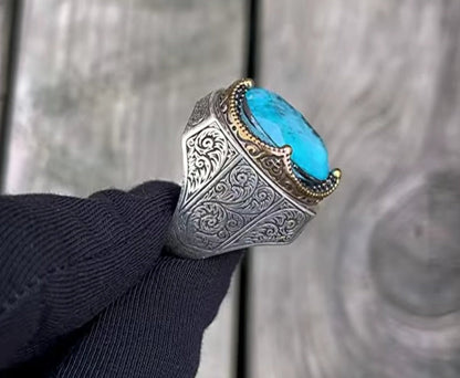 Gental Gems by Karat Kings | Unique Designed Turkish Style Heavy Ring with Natural Blue Topaz |  Sterling Silver Oxidized Ring