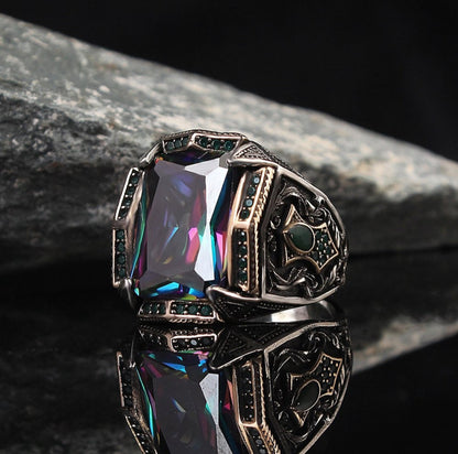 Gental Gems by Karat Kings | Unique Designed Turkish Style Heavy Ring with Multicolored Alexandrite |  Sterling Silver Oxidized Ring