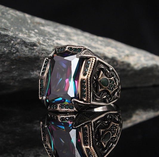 Gental Gems by Karat Kings | Unique Designed Turkish Style Heavy Ring with Multicolored Alexandrite |  Sterling Silver Oxidized Ring