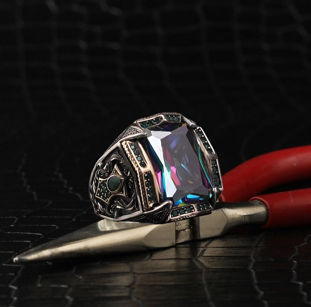 Gental Gems by Karat Kings | Unique Designed Turkish Style Heavy Ring with Multicolored Alexandrite | 925 Sterling Silver Oxidized Ring | Men's Jewelry | With Certificate of Authenticity and 925 Hallmark