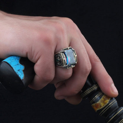 Gental Gems by Karat Kings | Unique Designed Turkish Style Heavy Ring with Multicolored Alexandrite | 925 Sterling Silver Oxidized Ring | Men's Jewelry | With Certificate of Authenticity and 925 Hallmark