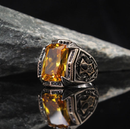 Gental Gems by Karat Kings | Unique Designed Turkish Style Heavy Ring with Natural Yellow Citrine |  Sterling Silver Oxidized Ring | Men's Jewelry | With Certificate of Authenticity and  Hallmark