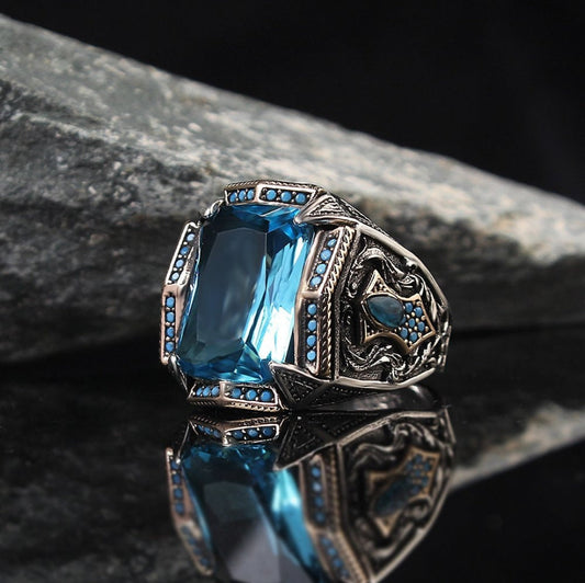 Gental Gems by Karat Kings | Unique Designed Turkish Style Heavy Ring with Blue Topaz |  Sterling Silver Oxidized Ring