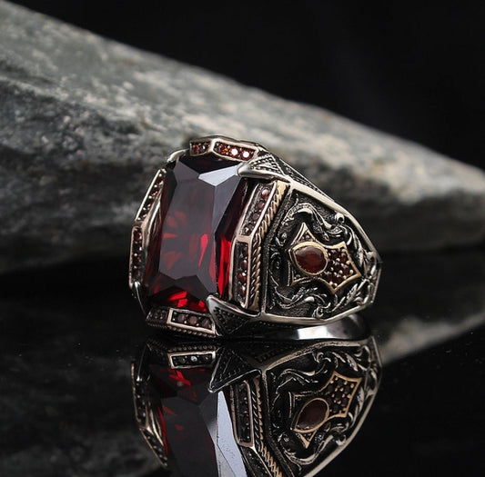 Gental Gems by Karat Kings | Unique Designed Turkish Style Heavy Ring with Red Zircon |  Sterling Silver Oxidized Ring