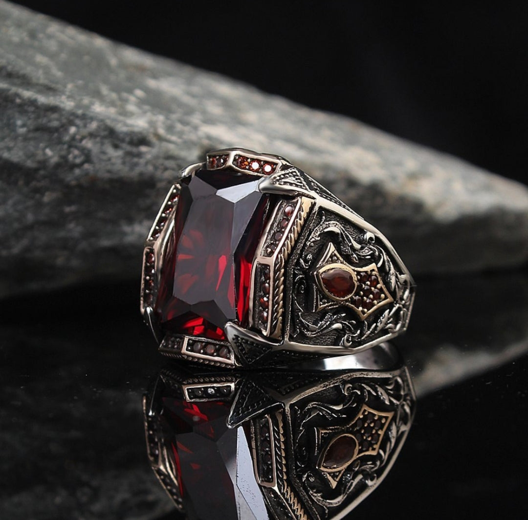 Gental Gems by Karat Kings | Unique Designed Turkish Style Heavy Ring with Red Zircon |  Sterling Silver Oxidized Ring