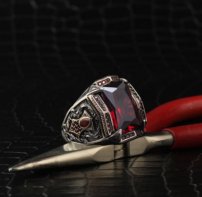 Gental Gems by Karat Kings | Unique Designed Turkish Style Heavy Ring with Red Zircon |  Sterling Silver Oxidized Ring