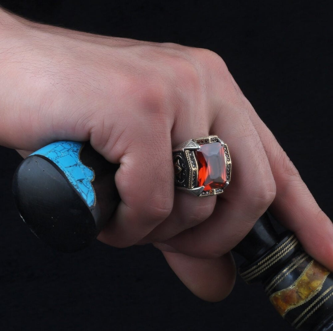 Gental Gems by Karat Kings | Unique Designed Turkish Style Heavy Ring with Red Zircon |  Sterling Silver Oxidized Ring