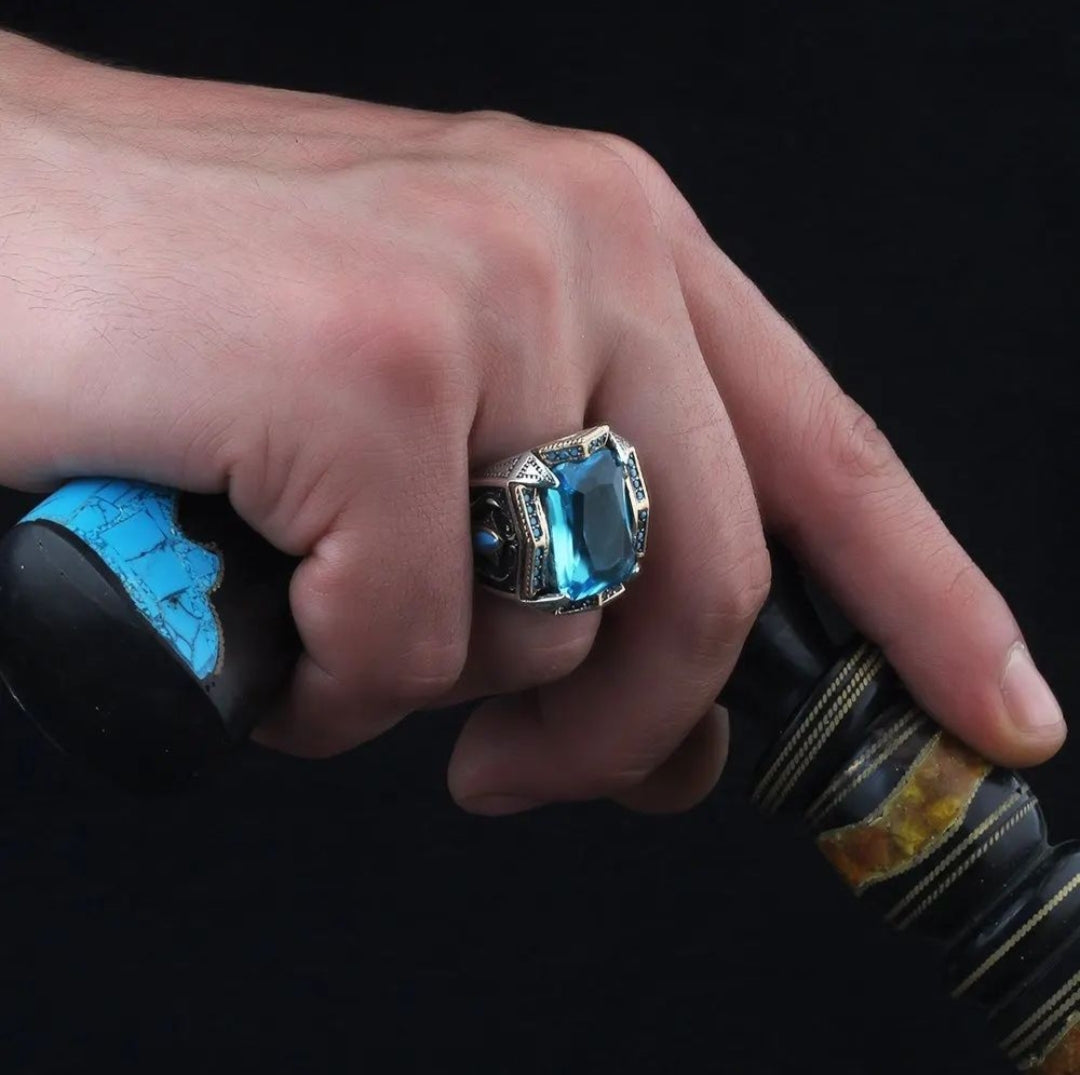 Gental Gems by Karat Kings | Unique Designed Turkish Style Heavy Ring with Blue Topaz |  Sterling Silver Oxidized Ring