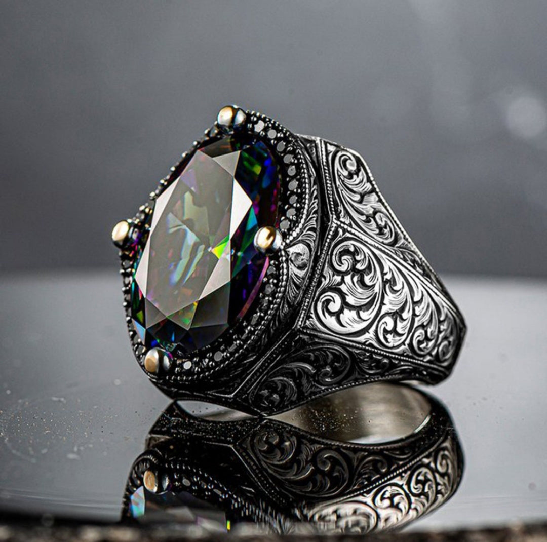 Gental Gems by Karat Kings | Unique Designed Turkish Style Heavy Ring with Multicolored Alexandrite |  Sterling Silver Oxidized Ring | Men's Jewelry | With Certificate of Authenticity and  Hallmark