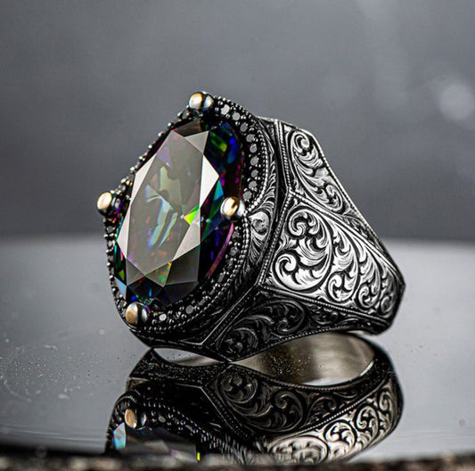 Gental Gems by Karat Kings | Unique Designed Turkish Style Heavy Ring with Multicolored Alexandrite |  Sterling Silver Oxidized Ring | Men's Jewelry | With Certificate of Authenticity and  Hallmark
