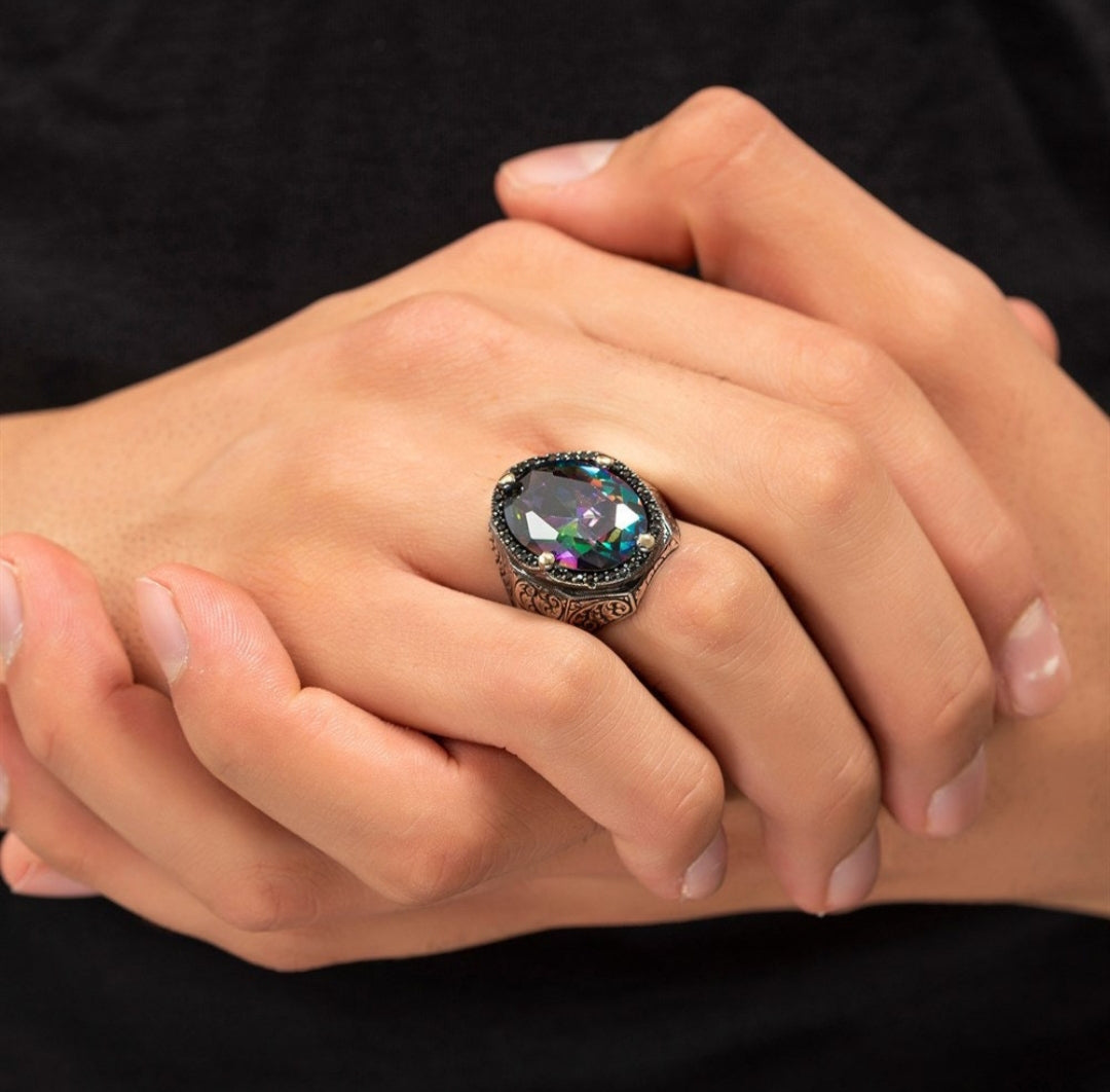 Gental Gems by Karat Kings | Unique Designed Turkish Style Heavy Ring with Multicolored Alexandrite |  Sterling Silver Oxidized Ring | Men's Jewelry | With Certificate of Authenticity and  Hallmark