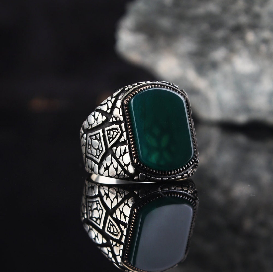 Gental Gems by Karat Kings | Unique Designed Turkish Style Ring with Natural Green Onyx |  Sterling Silver Oxidized Ring | Men's Jewelry | With Certificate of Authenticity and  Hallmark