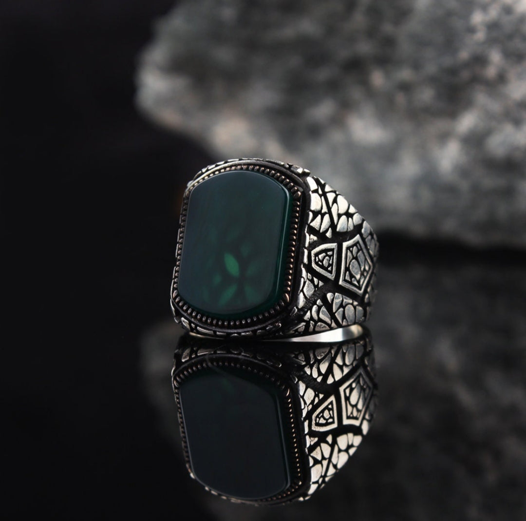 Gental Gems by Karat Kings | Unique Designed Turkish Style Ring with Natural Green Onyx |  Sterling Silver Oxidized Ring | Men's Jewelry | With Certificate of Authenticity and  Hallmark