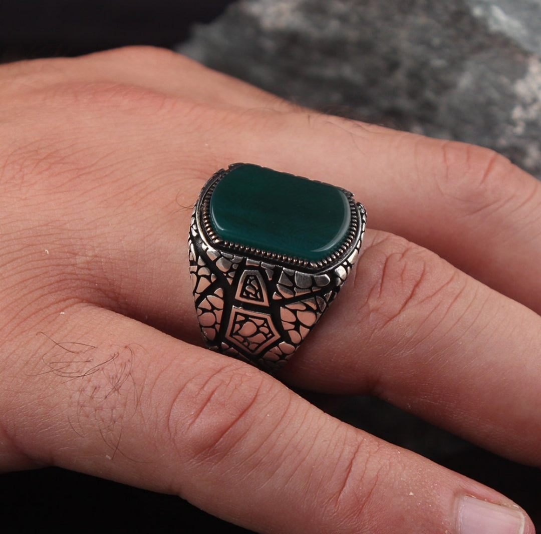 Gental Gems by Karat Kings | Unique Designed Turkish Style Ring with Natural Green Onyx |  Sterling Silver Oxidized Ring | Men's Jewelry | With Certificate of Authenticity and  Hallmark