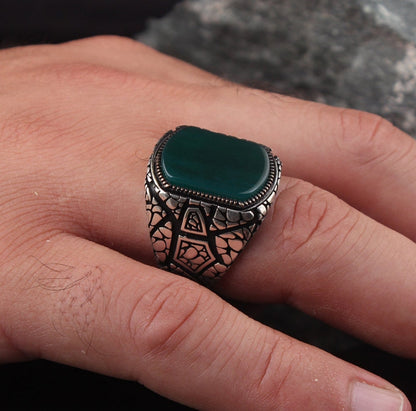 Gental Gems by Karat Kings | Unique Designed Turkish Style Ring with Natural Green Onyx |  Sterling Silver Oxidized Ring | Men's Jewelry | With Certificate of Authenticity and  Hallmark