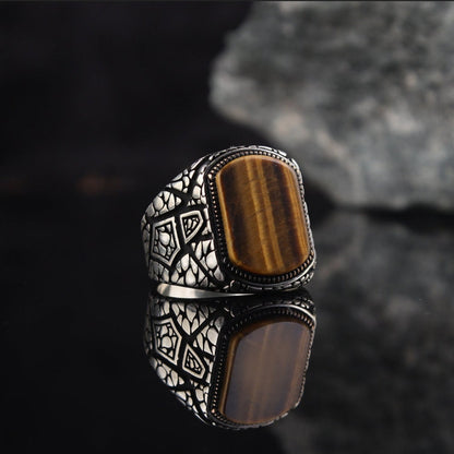 Gental Gems by Karat Kings | Unique Designed Turkish Style Ring with Natural Tiger Eye |  Sterling Silver Oxidized Ring