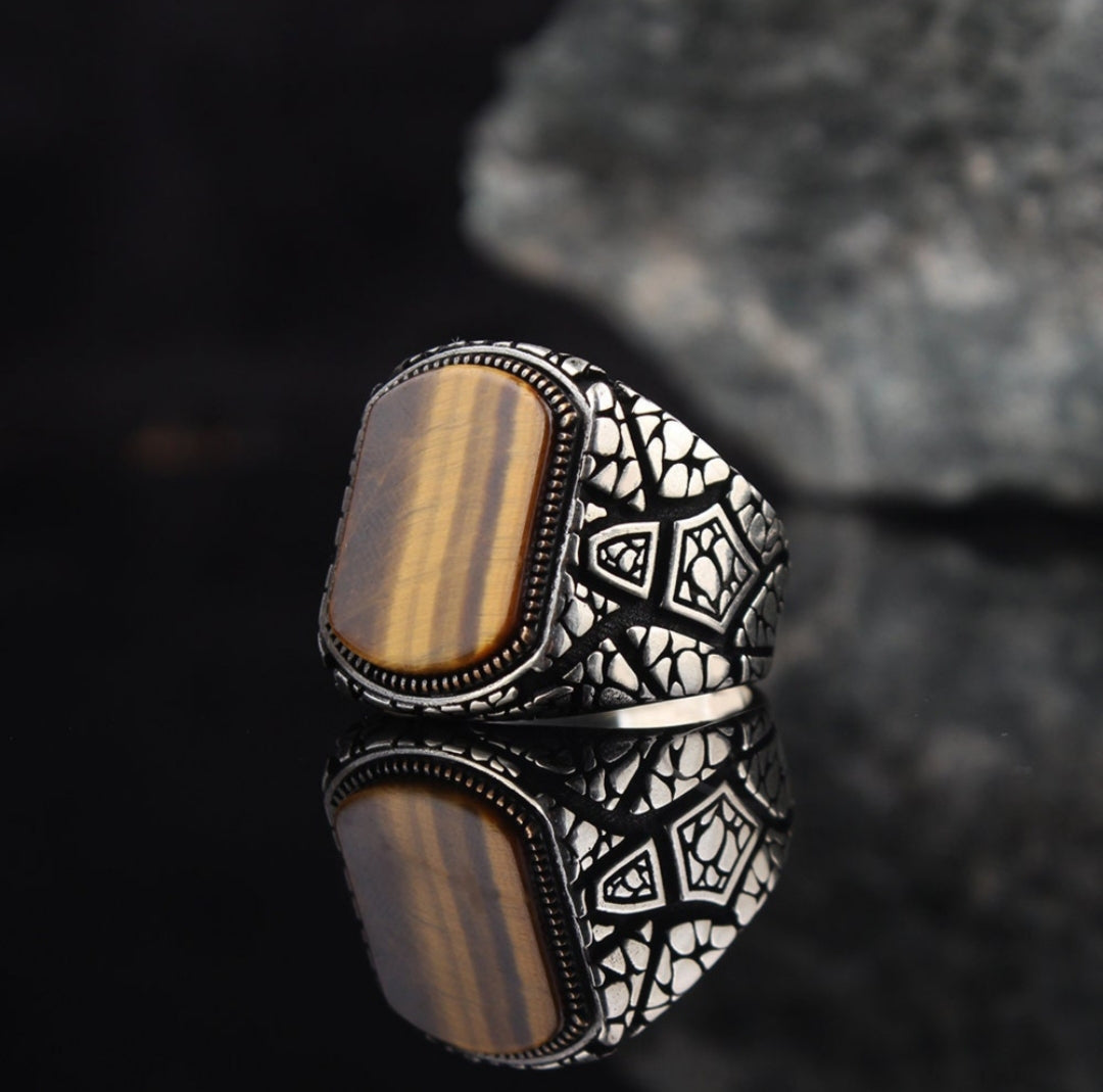Gental Gems by Karat Kings | Unique Designed Turkish Style Ring with Natural Tiger Eye |  Sterling Silver Oxidized Ring