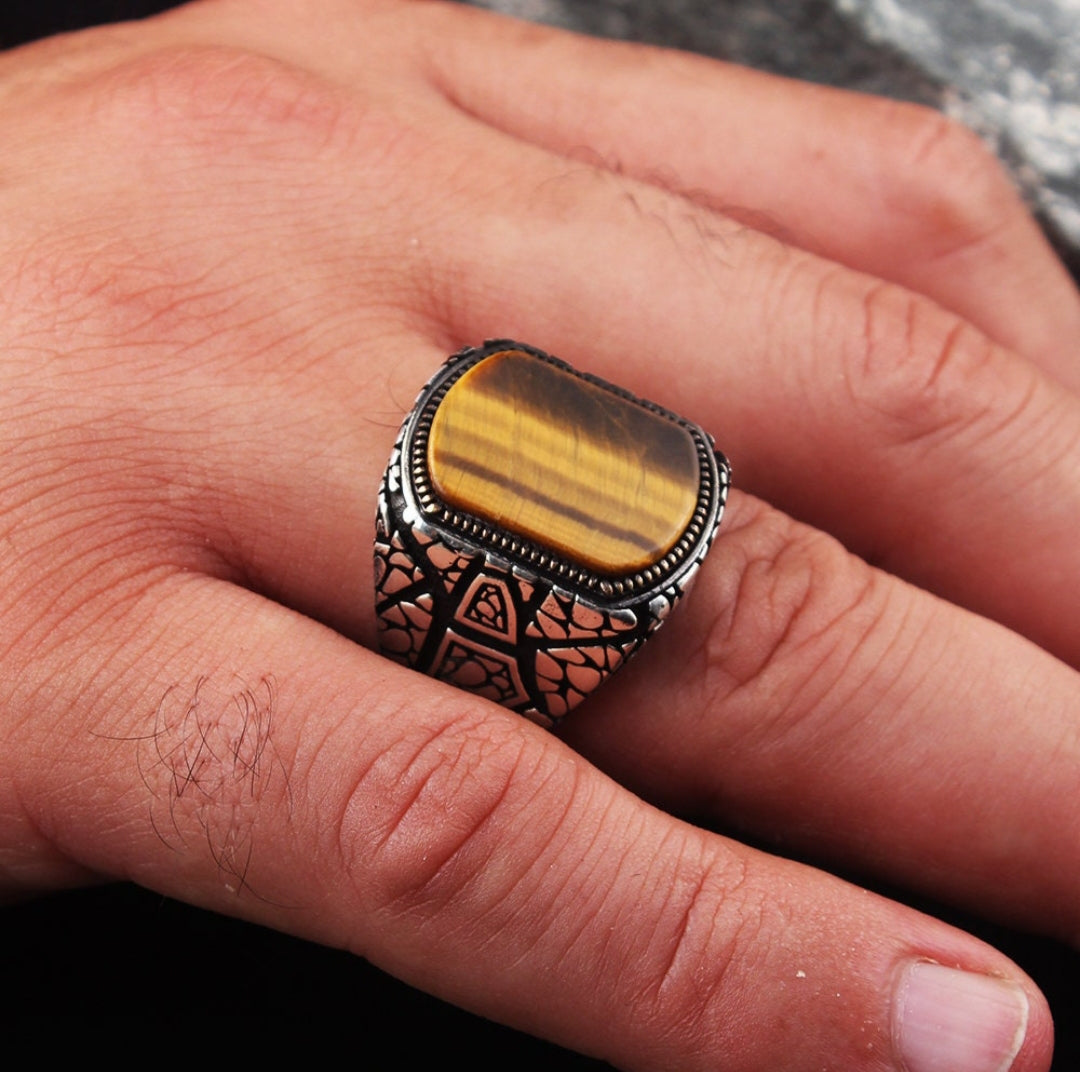 Gental Gems by Karat Kings | Unique Designed Turkish Style Ring with Natural Tiger Eye |  Sterling Silver Oxidized Ring