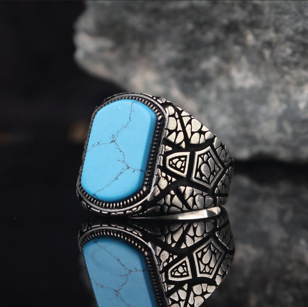 Gental Gems by Karat Kings | Unique Designed Turkish Style Ring with Natural Irani Turquoise (Firoza) |  Sterling Silver Oxidized Ring