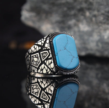 Gental Gems by Karat Kings | Unique Designed Turkish Style Ring with Natural Irani Turquoise (Firoza) |  Sterling Silver Oxidized Ring