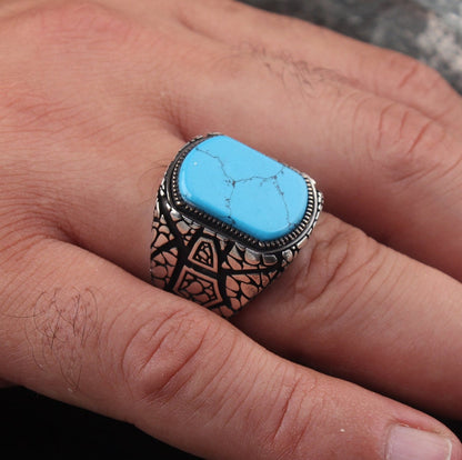 Gental Gems by Karat Kings | Unique Designed Turkish Style Ring with Natural Irani Turquoise (Firoza) |  Sterling Silver Oxidized Ring
