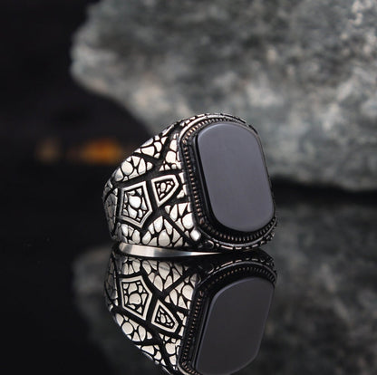 Gental Gems by Karat Kings | Unique Designed Turkish Style Ring with Natural Black Onyx |  Sterling Silver Oxidized Ring | Men's Jewelry | With Certificate of Authenticity and  Hallmark