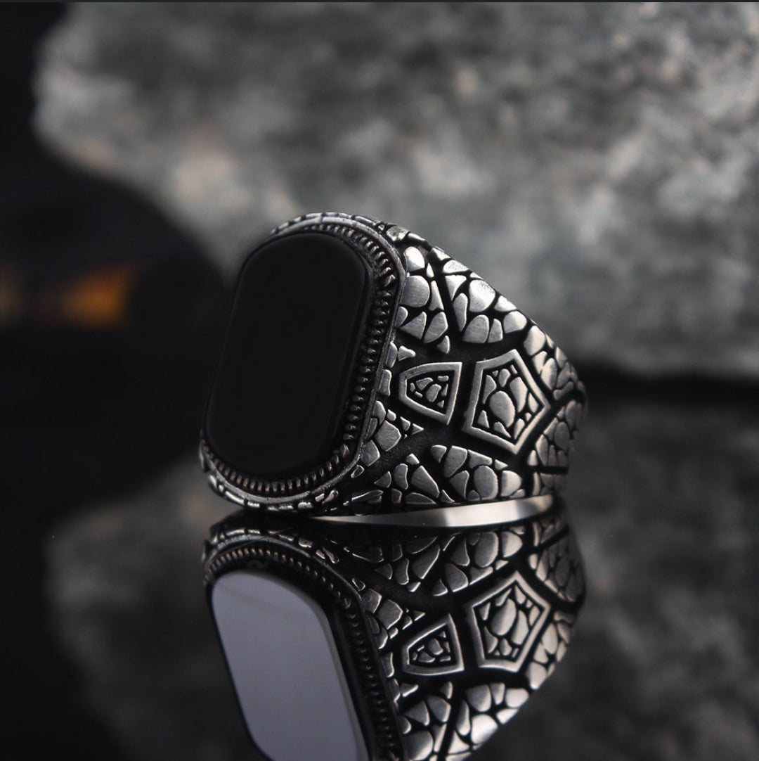 Gental Gems by Karat Kings | Unique Designed Turkish Style Ring with Natural Black Onyx |  Sterling Silver Oxidized Ring | Men's Jewelry | With Certificate of Authenticity and  Hallmark