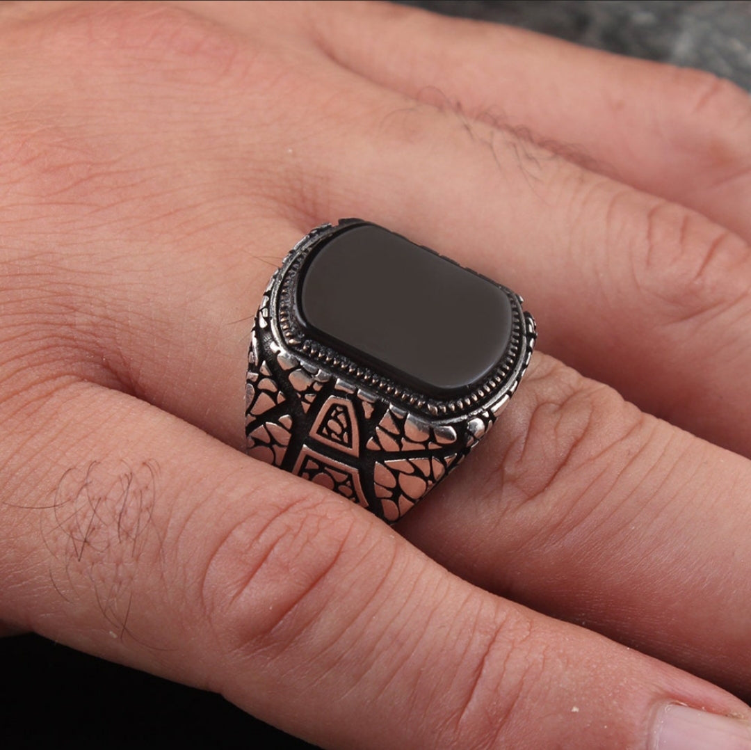 Gental Gems by Karat Kings | Unique Designed Turkish Style Ring with Natural Black Onyx |  Sterling Silver Oxidized Ring | Men's Jewelry | With Certificate of Authenticity and  Hallmark