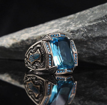 Gental Gems by Karat Kings | Unique Designed Turkish Style Heavy Ring with Blue Topaz |  Sterling Silver Oxidized Ring