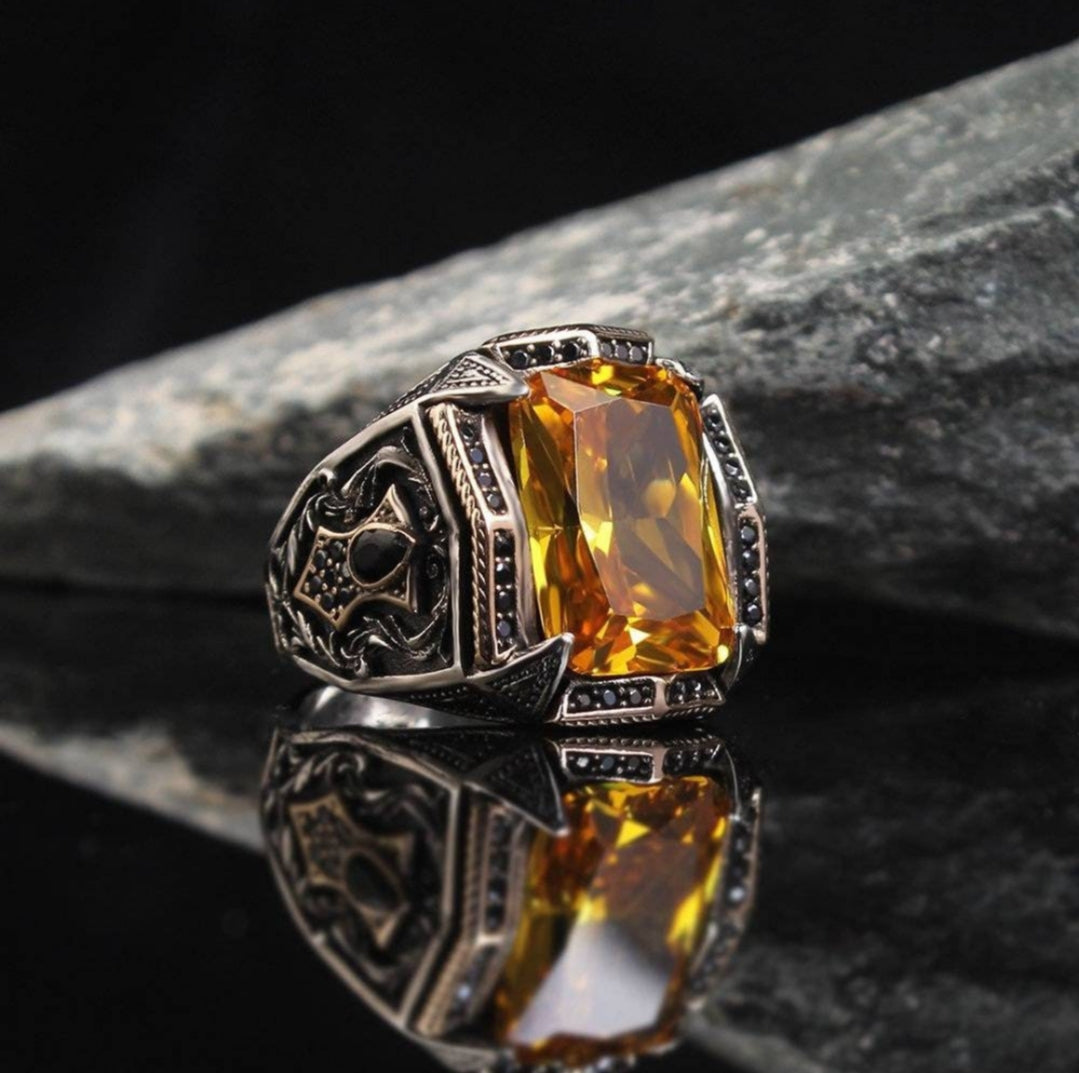 Gental Gems by Karat Kings | Unique Designed Turkish Style Heavy Ring with Natural Yellow Citrine |  Sterling Silver Oxidized Ring | Men's Jewelry | With Certificate of Authenticity and  Hallmark