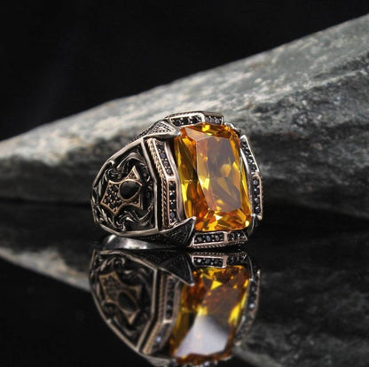 Gental Gems by Karat Kings | Unique Designed Turkish Style Heavy Ring with Natural Yellow Citrine |  Sterling Silver Oxidized Ring | Men's Jewelry | With Certificate of Authenticity and  Hallmark