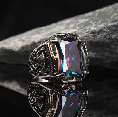 Gental Gems by Karat Kings | Unique Designed Turkish Style Heavy Ring with Multicolored Alexandrite | 925 Sterling Silver Oxidized Ring | Men's Jewelry | With Certificate of Authenticity and 925 Hallmark