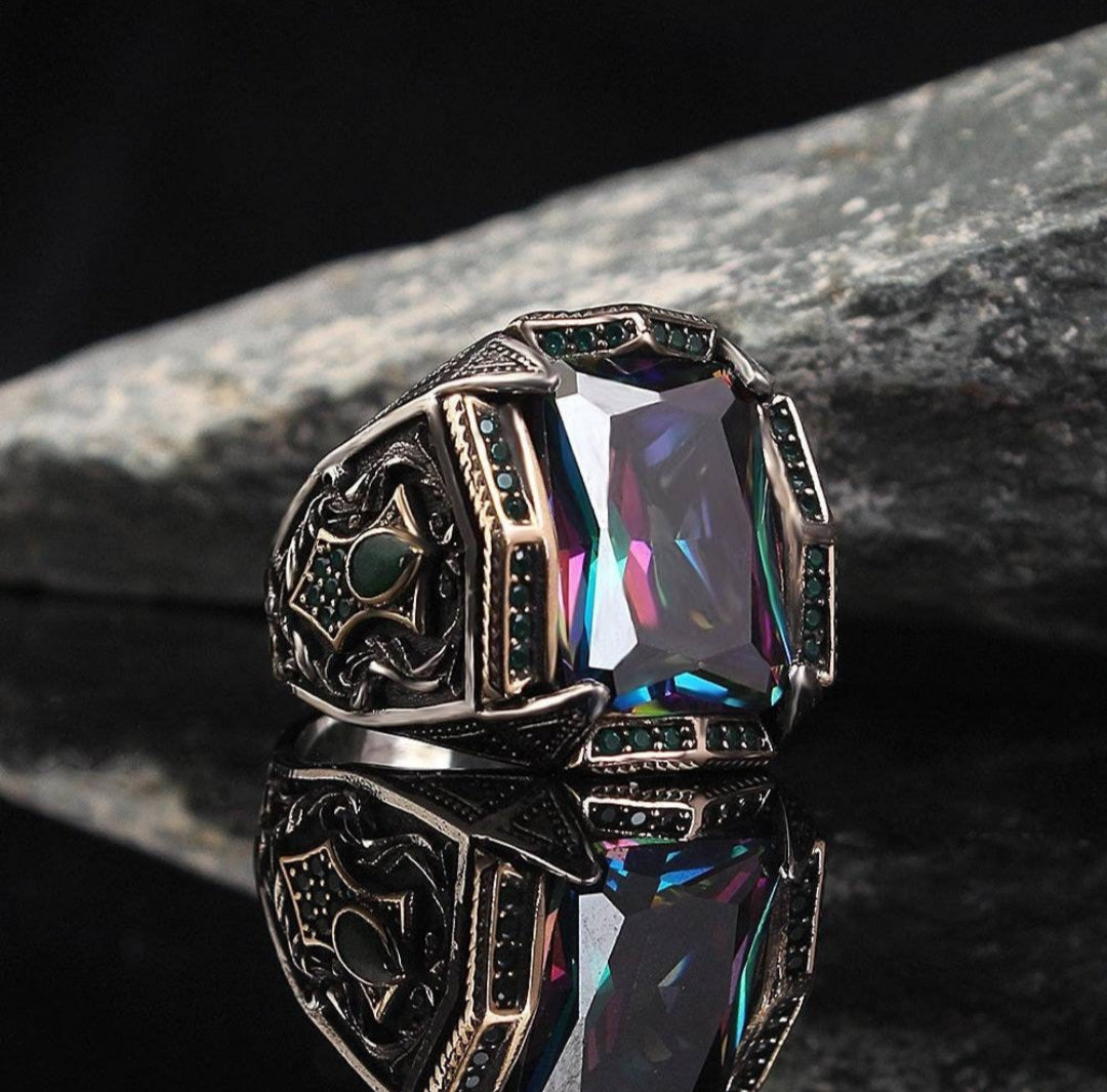 Gental Gems by Karat Kings | Unique Designed Turkish Style Heavy Ring with Multicolored Alexandrite |  Sterling Silver Oxidized Ring