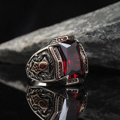 Gental Gems by Karat Kings | Unique Designed Turkish Style Heavy Ring with Red Zircon |  Sterling Silver Oxidized Ring