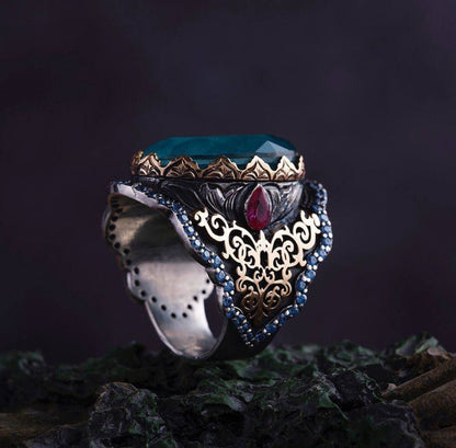Gental Gems by Karat Kings | Unique Designed Turkish Style Heavy Ring with Blue Topaz GOLD PLATED Micron & Black Rhodium Plated 925 Sterling Silver Ring Jewelry Authenticity and 925