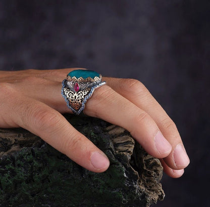 Gental Gems by Karat Kings | Unique Designed Turkish Style Heavy Ring with Blue Topaz GOLD PLATED Micron & Black Rhodium Plated 925 Sterling Silver Ring Jewelry Authenticity and 925