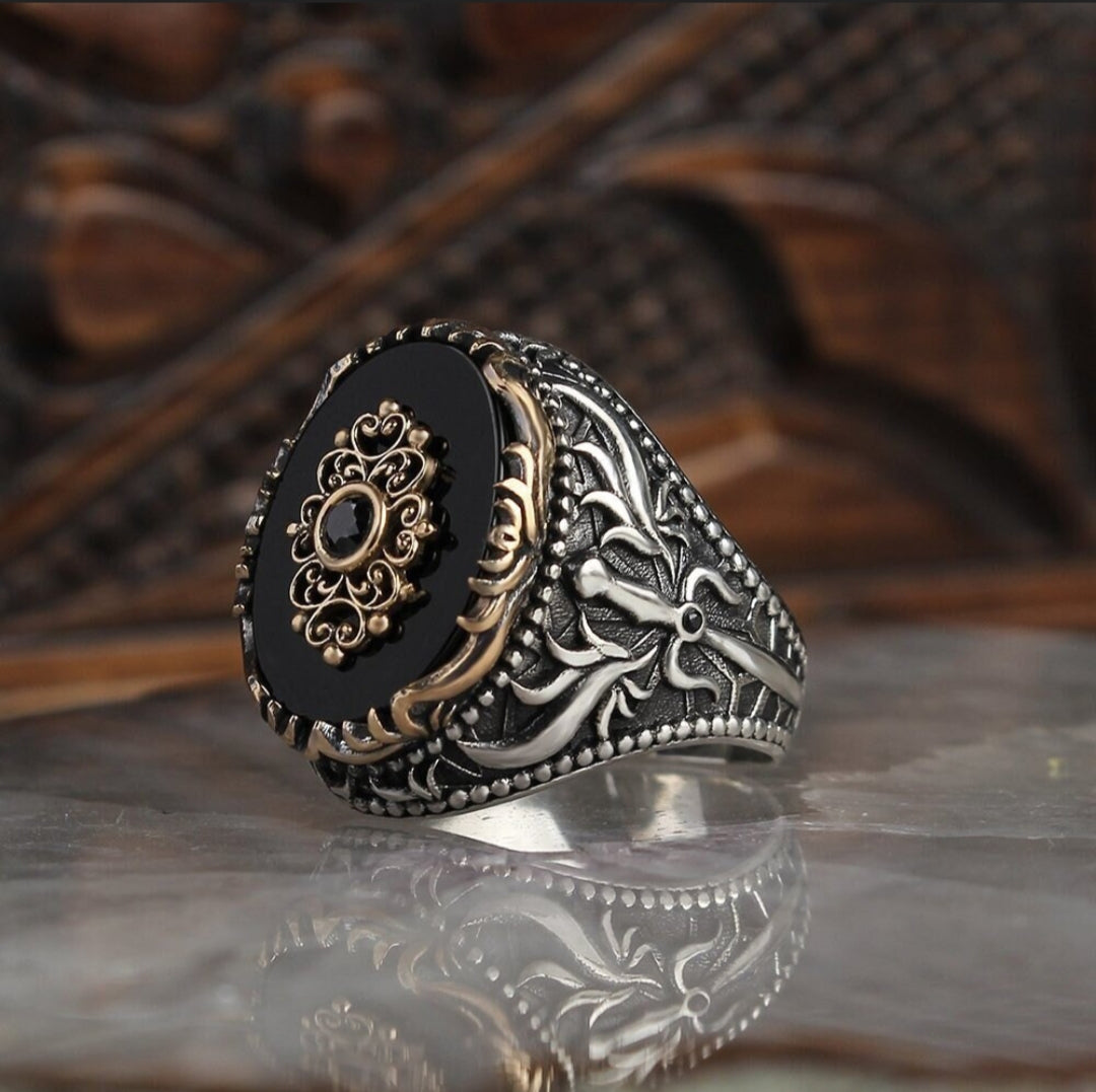 Gental Gems by Karat Kings | Unique Designed Turkish Style Ring with Natural Black Onyx |  Sterling Silver Oxidized Ring | Men's Jewelry | With Certificate of Authenticity and  Hallmark