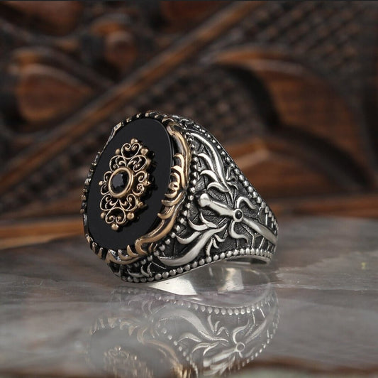 Gental Gems by Karat Kings | Unique Designed Turkish Style Ring with Natural Black Onyx |  Sterling Silver Oxidized Ring | Men's Jewelry | With Certificate of Authenticity and  Hallmark