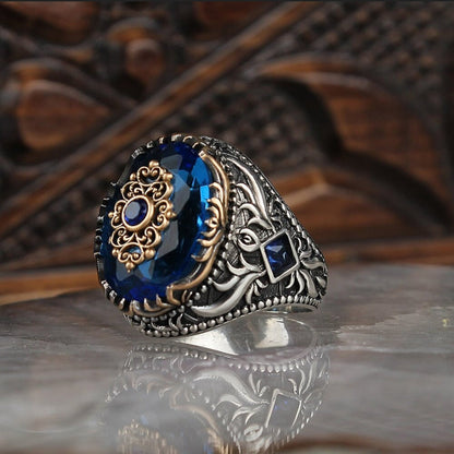 Gental Gems by Karat Kings | Unique Designed Turkish Style Ring with Blue Zircon |  Sterling Silver Oxidized Ring | Men's Jewelry | With Certificate of Authenticity and  Hallmark