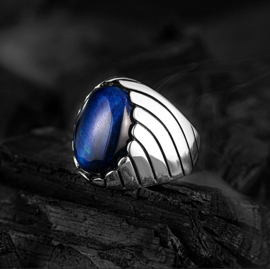 Unique Designed Turkish Style Ring with Blue Sapphire (Neelam),  Sterling Silver Oxidized Ring | Men's Jewelry | With Certificate of Authenticity and  Hallmark