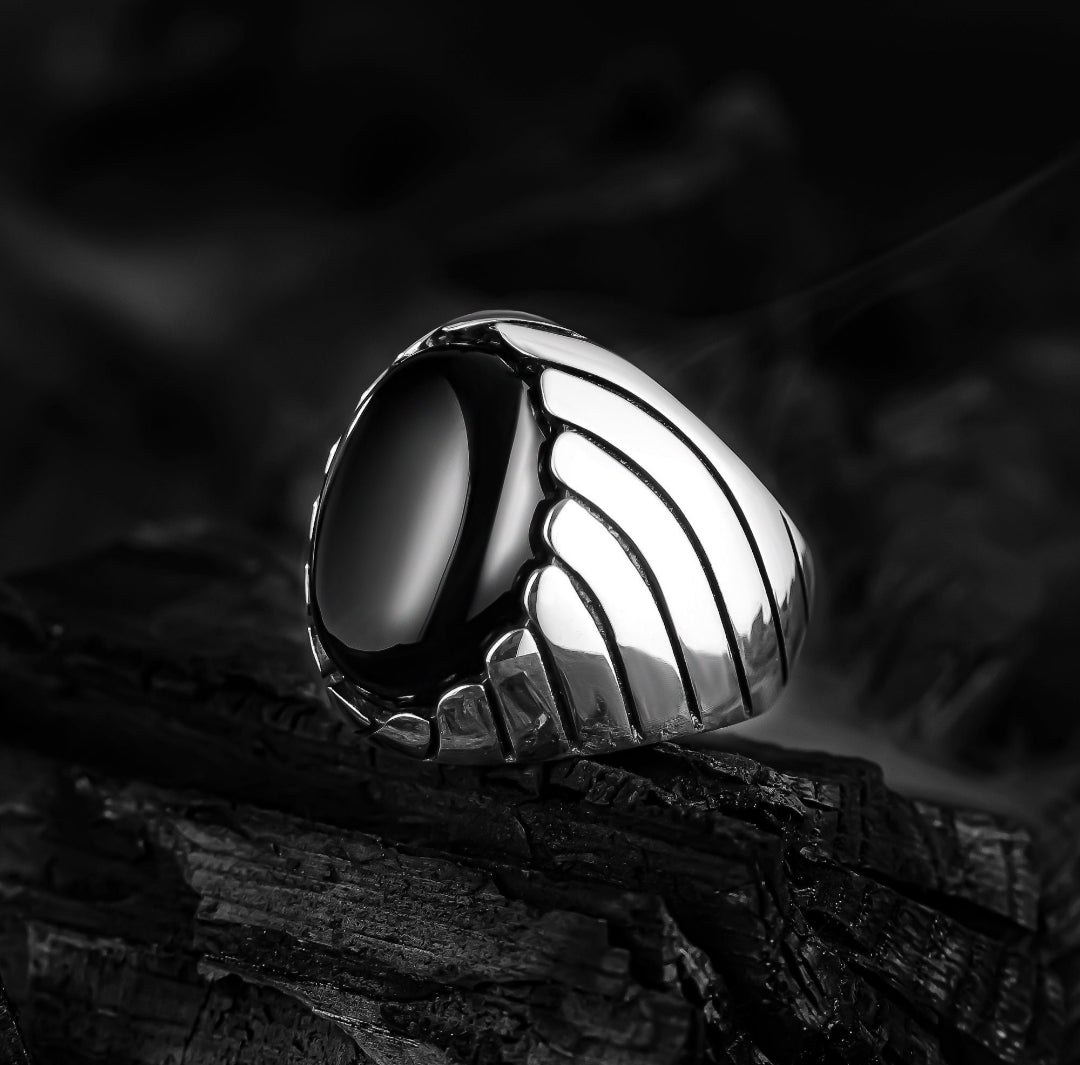 Gental Gems by Karat Kings | Unique Designed Turkish Style Ring with Natural Black Onyx ,  Sterling Silver Oxidized Ring